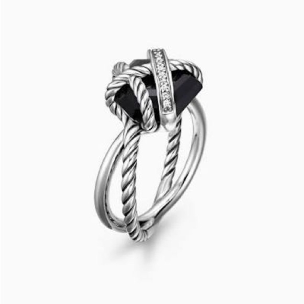 David Yurman Cable Wrap Ring Sterling Silver Black Onyx and Pave Diamonds